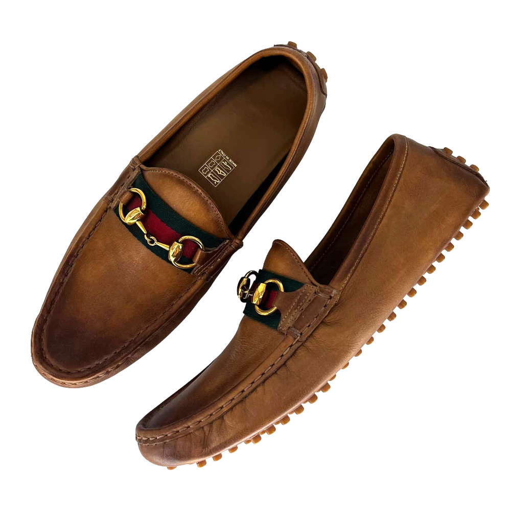 Gucci Web Horsebit Leather Driver Moccasins in Brown